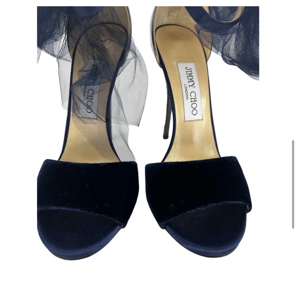Jimmy Choo Lilyth Knot Tulle Bow Sandals Blue Velvet Leather Heels Sz 42